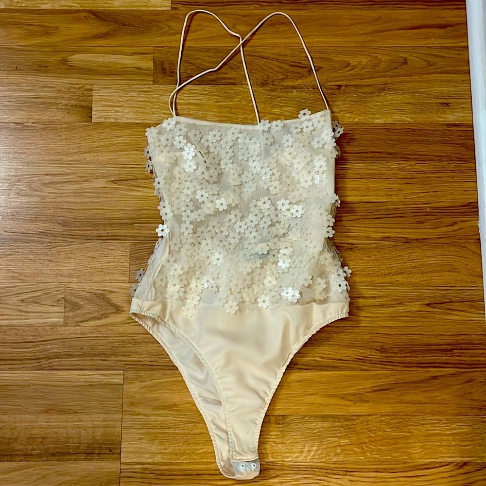 Zara Daisy Applique Sequined Bodysuit, White, Lace-Up Back